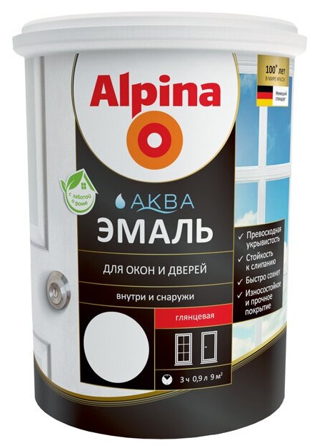 Alpina Aqua эмаль акриловая для окон и дверей (белая, глянцевая, 0,9л)