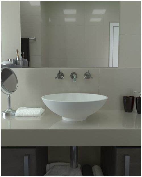 Раковина в ванную накладная Radostone Sfera Solid Surface белая матовая круглая 405х405х135 мм