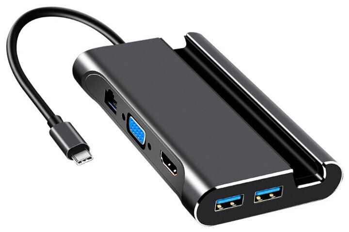 USB-концентратор (Хаб) GSMIN RT-17 7 в 1 c подставкой для телефона (Type-C, 3xUSB 3.0, RJ45, HDMI, VGA, PD) (Черный)