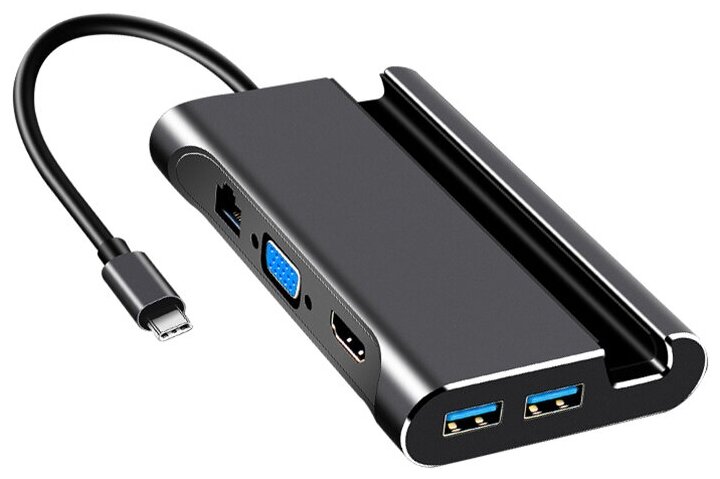 USB-концентратор Хаб GSMIN RT-17 7 в 1 c подставкой для телефона Type-C 3xUSB 30 RJ45 HDMI VGA PD Черный