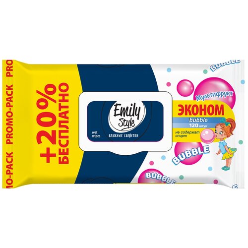 Влажные салфетки, промо Emily Style, BUBBLE FRESH - эконом, 100+20 штук упаковка с клапаном (+20% бесплатно)