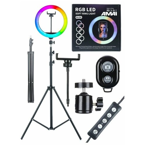 Цветная кольцевая лампа LED RGB 26 см со штативом с держателем телефона селфи лампа ргб 1351₽