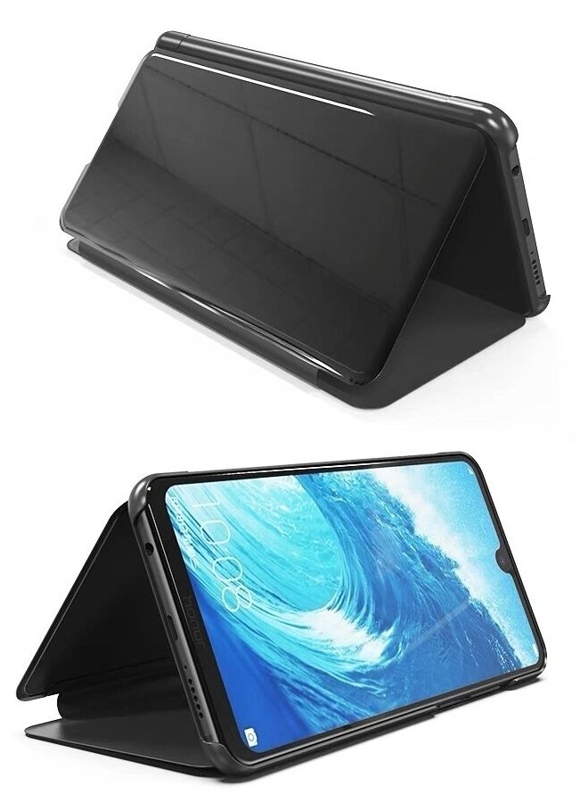 Чехол-книжка MyPads для Huawei P20 Lite / Nova 3e с дизайном Clear View Cover с полупрозрачной пластиковой крышкой с зеркальной поверхностью золотой