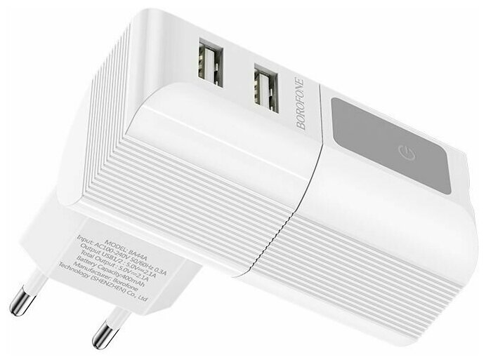 Сетевое зарядное устройство BOROFONE BA44A Sage Power 2xUSB, 2.1A + беспроводной динамик 3W: BT5.0, TWS (белый)