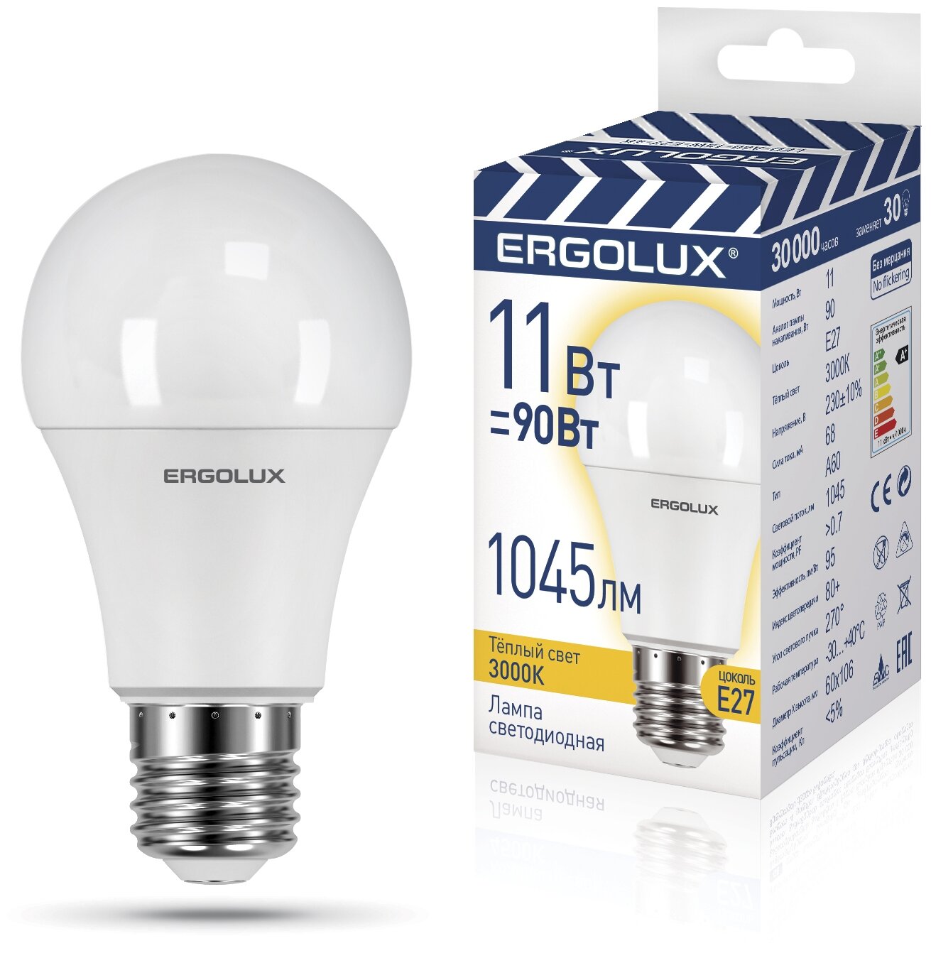 Лампочка Ergolux E27 11W 220-240V 3000K 1045Lm LED-A60-11W-E27-3K 14458