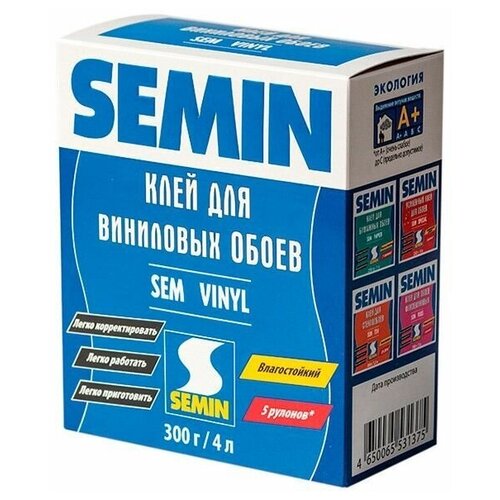 Semin Sem Vinyl Клей для виниловых обоев на флизелиновой основе, клей обойный сухой, Франция, 300 гр