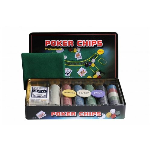 Покерный набор Holdem Light, 300 фишек с номиналом, в жестяной коробке, карты пластик+ сукно, Китай