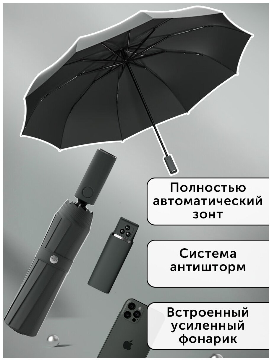 Автоматический Зонт Xiaomi Mi Zuodu Umbrella Smart LedLight / Штормовой зонт xiaomi с усиленным фонариком Black