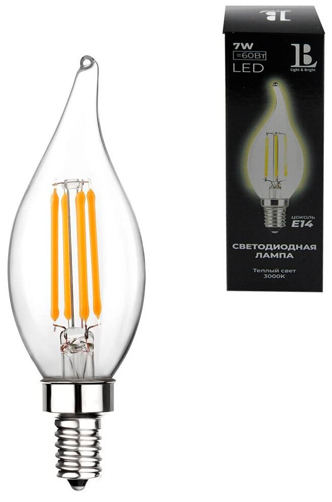 E14-7W-3000K Лампа LED (Свеча на ветру прозрачная Филамент) L&B
