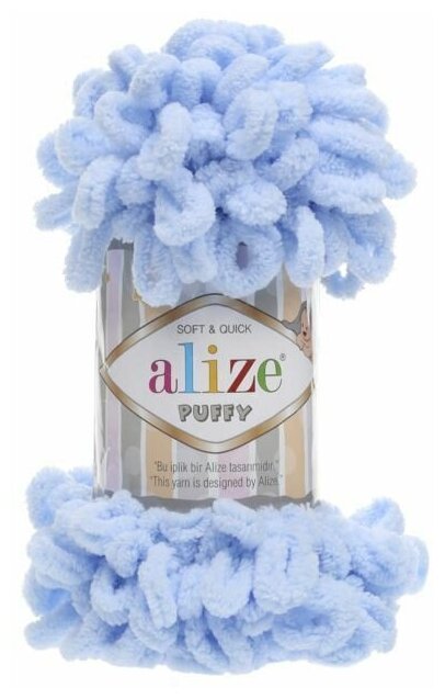Пряжа плюшевая Alize Puffy (Ализе Пуффи) - 1 моток 183 светло-голубой для вязания руками, гипоаллергенная, большие петли (4см), 9м/100г