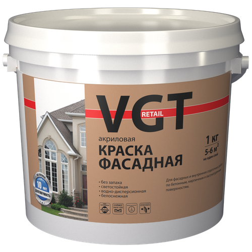 Краска водно-дисперсионная VGT Retail ВД-АК-1180 фасадная «Белоснежная» матовая белоснежный 15 кг краска вд ак 109м фасадная акриловая 2 7 л 3 9 кг