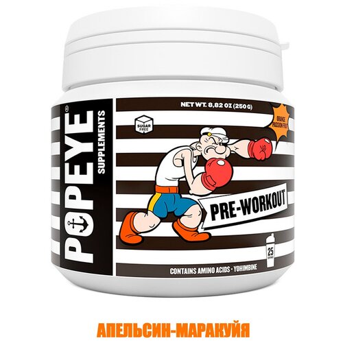 Предтренировочный комплекс Popeye Supplements Pre-Workout апельсин-маракуйя, 250 гр. предтреник для силы выносливости энергии popeye supplements pre workout 250 г экзотические фрукты