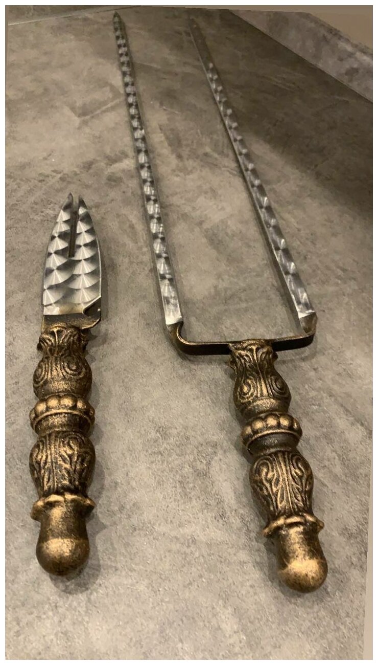Двойной шампур и нож-вилка со стальной ручкой, Кованые Изделия