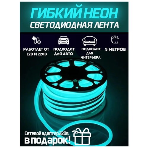 Гибкий неон / Неоновая лента светодиодная 5 метров / Неоновая подсветка декоративная 12/220В / адаптер для подключения К сети В подарок / голубой