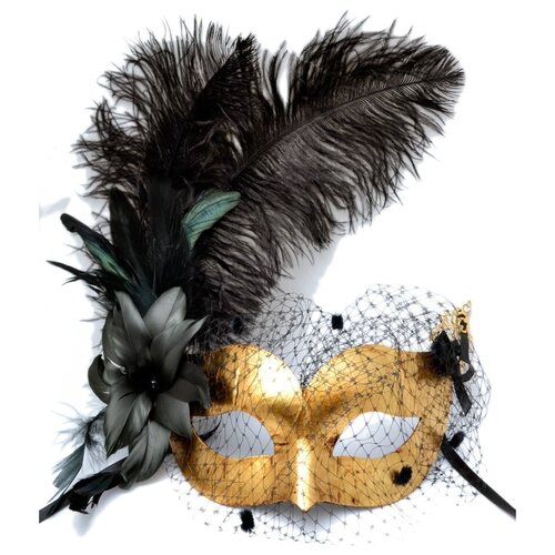 фото Золотая венецианская маска с вуалью и черными перьями (7045) giacometti