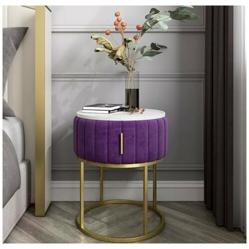 Круглая прикроватная тумбочка со столешницей из искусственного мрамора (Фиолетовый)