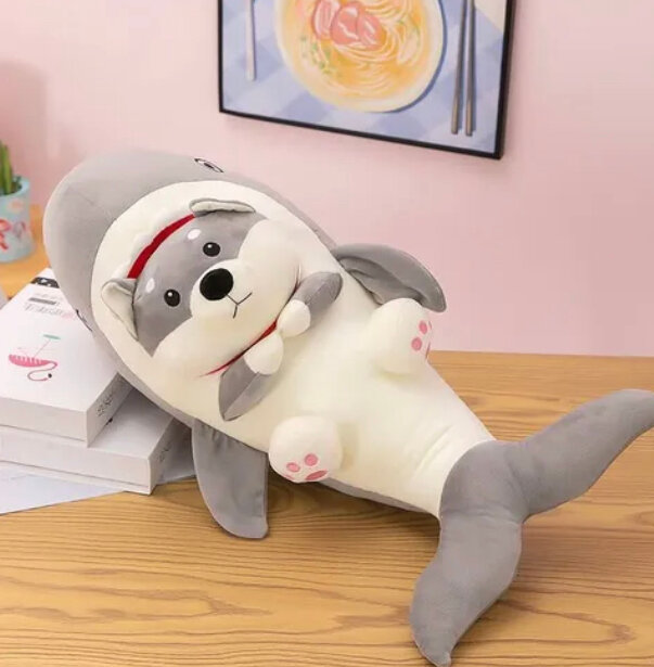 Мягкая игрушка обнимашка собака Хаски - Акула с пледом, 60 см.