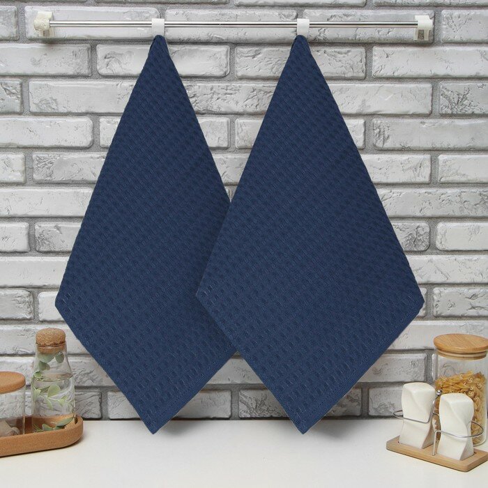 фото Набор Кухонных полотенец Доляна, цвет индиго, 35х60см-2шт, 100% хлопок, вафля, 220 гр/м2