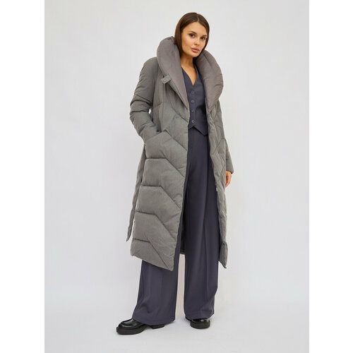 фото  куртка olya stoforandova, демисезон/зима, силуэт полуприлегающий, пояс/ремень, карманы, без капюшона, стеганая, однобортная, утепленная, подкладка, размер 44, серый