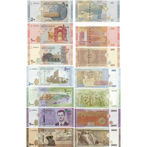 Набор из 7 банкнот Сирия 50-100 200 500 1000 2000 5000 фунтов 2013-2021 год UNC сирия полный набор из 7 банкнот сирийские фунты 2013 2023 unc