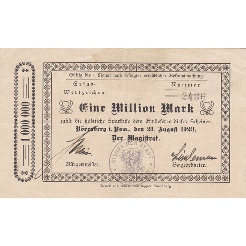 Германия (Веймарская Республика) Норенберг 1000000 марок 1923 г. 1923 банкнота германия 1923 год 20 000 марок вод знак скрепки 2 й выпуск xf