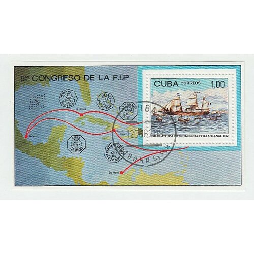 (1982-048) Блок марок Куба Парусник Выставка почтовых марок, Париж III Θ 1976 075 блок марок куба пейзаж выставка почтовых марок сьенфуэгос iii θ