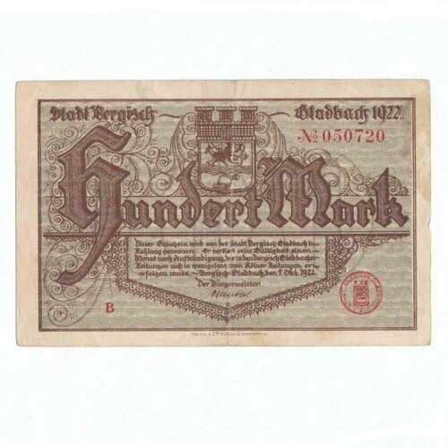 Германия (Веймарская Республика) Бергиш-Гладбах 100 марок 1922 г. германия веймарская республика дортмунд 100 марок 1922 г