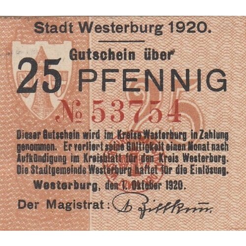 Германия (Веймарская Республика) Вестербург 25 пфеннигов 1920 г. (Вид 2) (2) германия веймарская республика вестербург 25 пфеннигов 1920 г