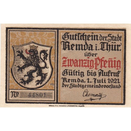 германия веймарская республика вальденбург 20 пфеннигов 1921 г Германия (Веймарская Республика) Ремда 20 пфеннигов 1921 г.