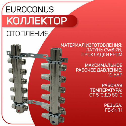 Коллектор отопления с запорными кранами, латунь, ICMA, арт. K009, ВР 1 х 6 выходов х 3/4 Euroconus, 354 мм