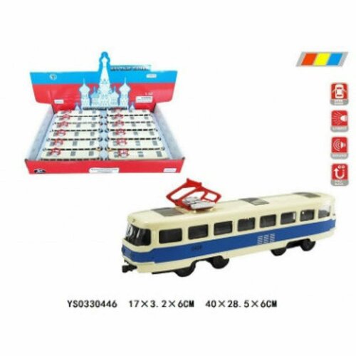 Набор Трамвай свет+ русская озвучка двери открываются в упаковке 12 шт размер 17х3.2х6 см модель трамвай 24 см пластмассовый свет звук открываются