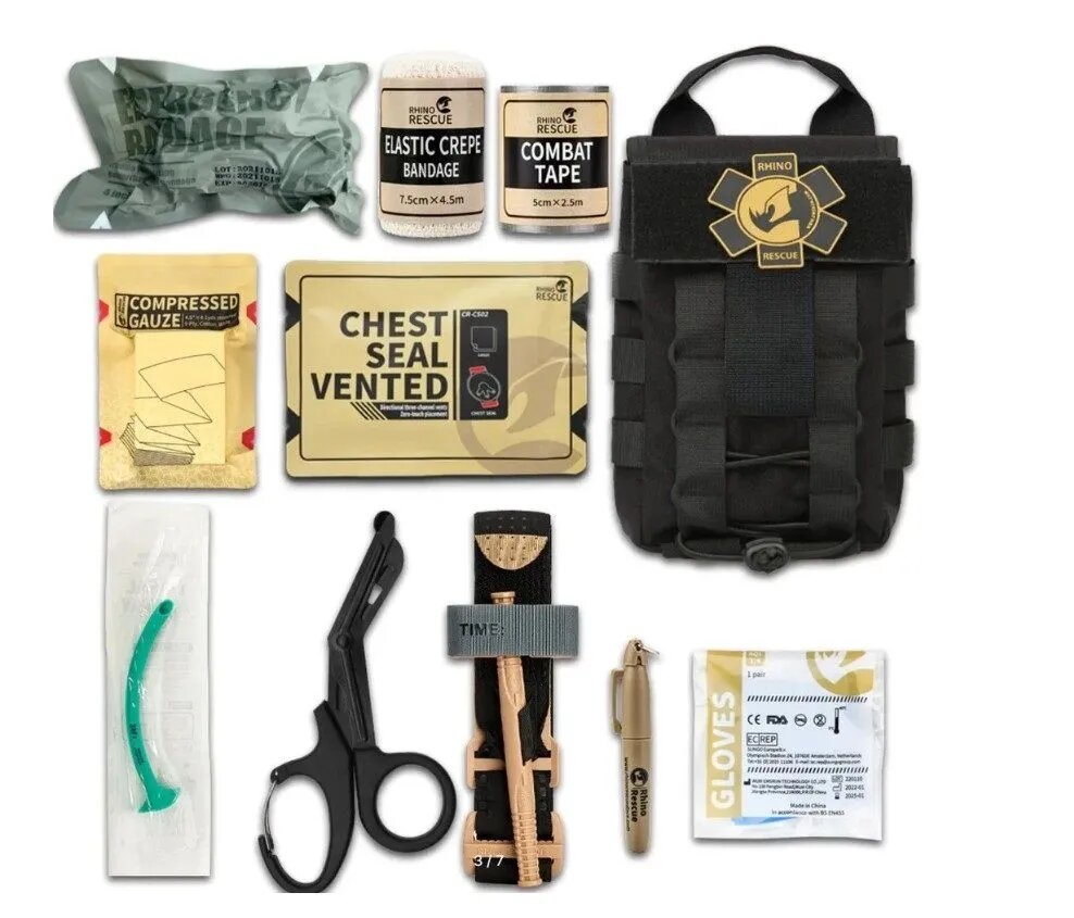 Укомплектованная тактическая аптечка первой помощи медицинская черная 11 предметов Rhino Rescue IFAK Medical Pouch First Aid Kit