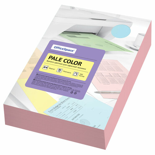 Бумага цветная OfficeSpace Pale Color, А4, 80г/м2, 500л, (розовый) офисная бумага copy a формат а4 80 г м² 500 лист белый
