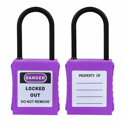 Замок блокировочный с тонкой нейлоновой дужкой, пиновый цилиндр, высота дужки – 38 мм, диаметр дужки – 4 мм, нейлоновый корпус, цвет – фиолетовый