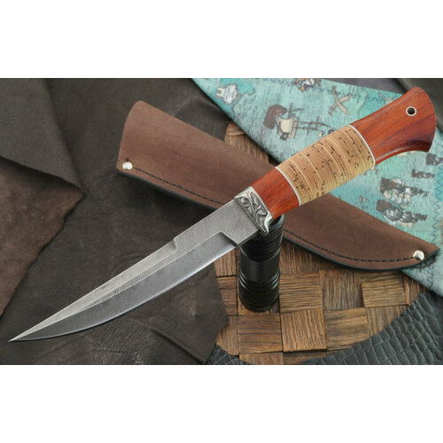 фото Нож антарес сайга, клинок дамаск, рукоять мельхиор/падук/береста