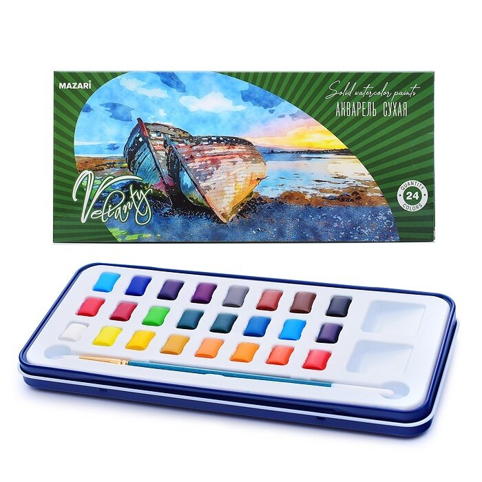 фото Акварель Mazari сухая Velianty, 24 цвета, кисть из нейлона в комплекте, металлический футляр