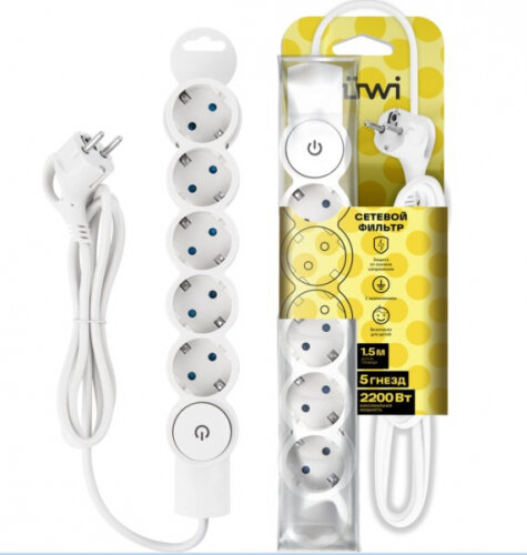 Сетевой фильтр Duwi 5 гнезд с выключателем с заземлением со шторками 15м белый 2200Вт 10А 32574 1