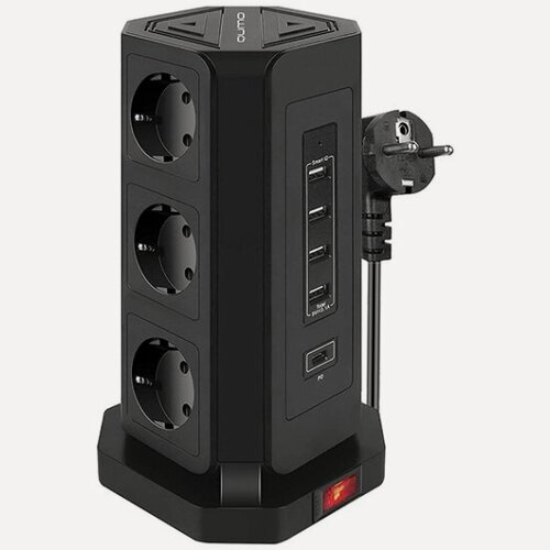 Изображение товара Сетевой фильтр Qumo Power Tower PRO PD 8SP4U (P-0004)(9 розеток, 3*1,0мм, 4xUSB, 2м) черный