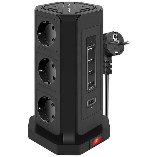 Сетевой фильтр Qumo Power Tower PRO PD 8SP4U (P-0004)(9 розеток, 3*1,0мм, 4xUSB, 2м) черный