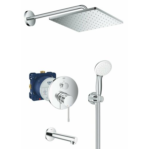 набор для ванны с наполнением через перелив grohe grohe essence new германия Душевая система с квадратным тропическим душем и изливом Grohe Essence Professional 250 Cube