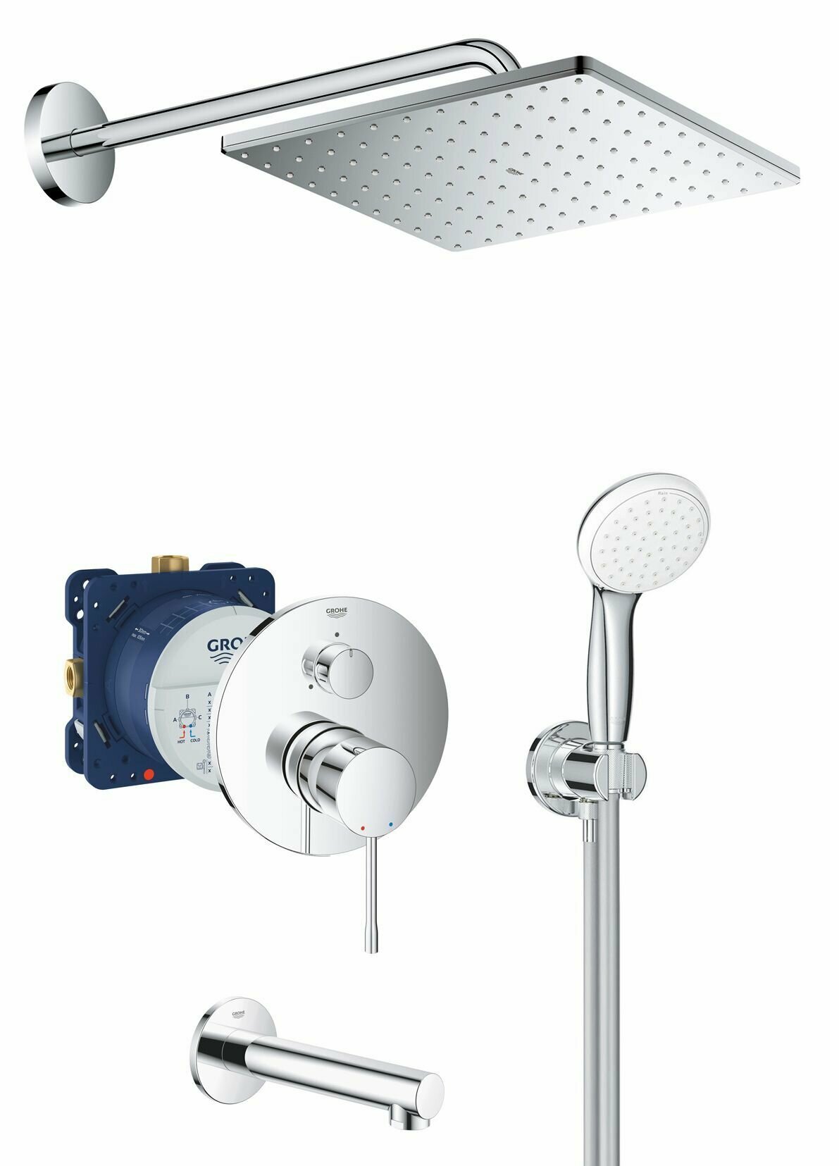 Душевая система с квадратным тропическим душем и изливом Grohe Essence Professional 250 Cube