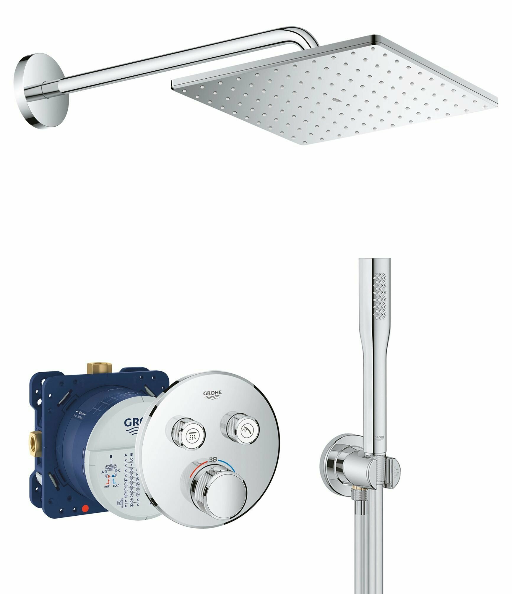 Душевая система с термостатом и квадратным тропическим душем Grohe SmartControl Rainshower Mono Cube 310, Германия