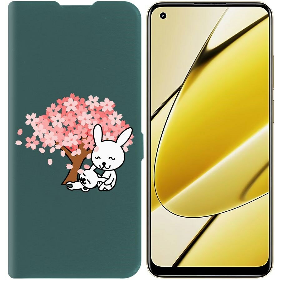 Чехол-книжка Krutoff Eco Book для Realme 11 4G Кролики (зелёный опал)
