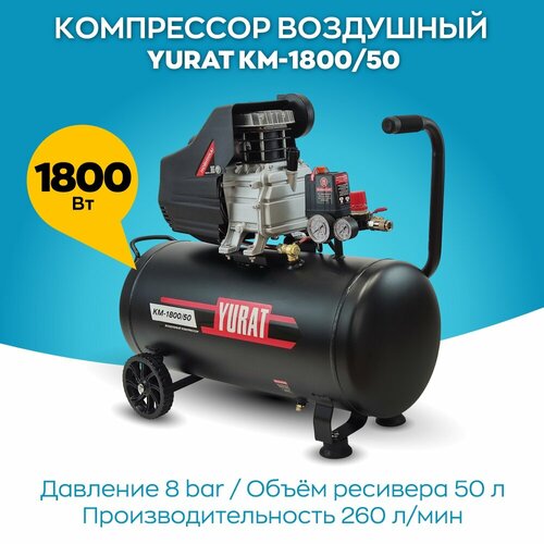 Компрессор воздушный YURAT KM-1800/50 компрессор поршневой масляный победа km 50 250 1800вт 260л мин