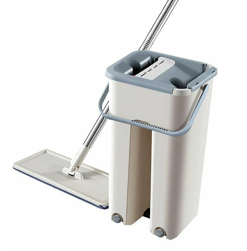 фото Швабра многофункциональная с отжимом / Комплект для уборки Бежевый/Серый (Швабра для мытья полов, ведро, 2 насадки из микрофибры)