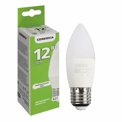 Лампа светодиодная C35, 12 Вт, свеча, 4000 К, E27, 230 В, LL-C35-12-230-40-E27-G