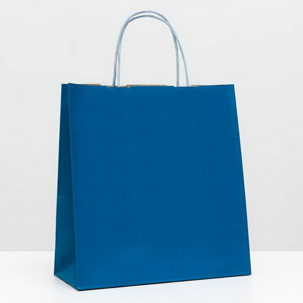 Пакет крафт, голубой вельвет, с кручеными ручками, 25 x 12 x 27 см