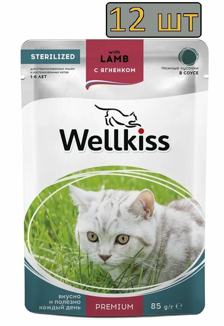 12 штук Wellkiss Sterilized Влажный корм (пауч) для стерилизованных кошек, кусочки с ягненком в соусе, 85 гр.