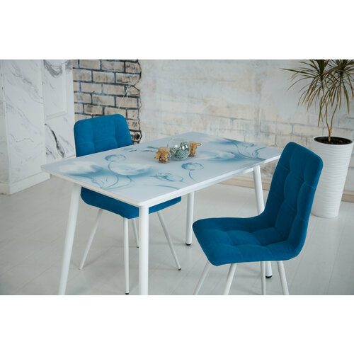 Стол обеденный кухонный стеклянный матовый, стекло-белое, опора металлическая белая