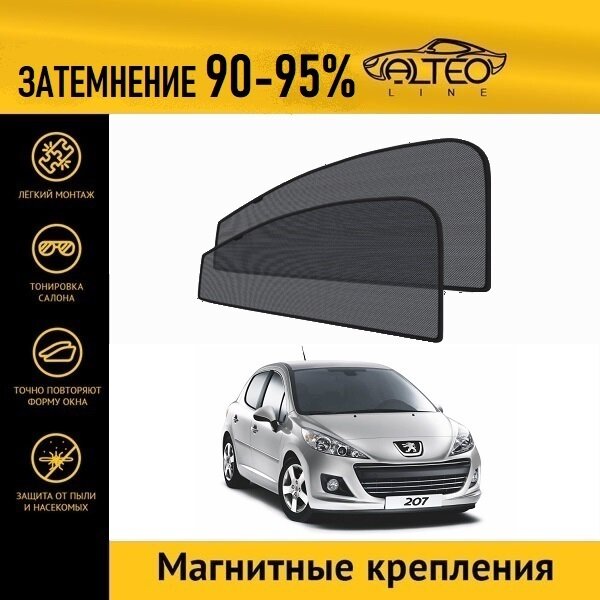 Каркасные автошторки ALTEO PREMIUM на Peugeot 207, 1рестайлинг (2009-2012) хэтчбек 5d на передние двери на магнитах с затемнением 90-95%